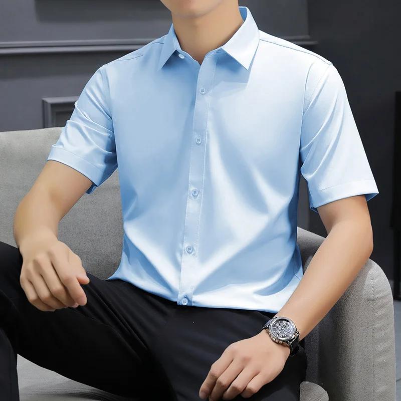 New Men's Business Casual Solid Color Short Sleeved Shirt for Summer Fashion No Ironing Comfortable and Versatile Top