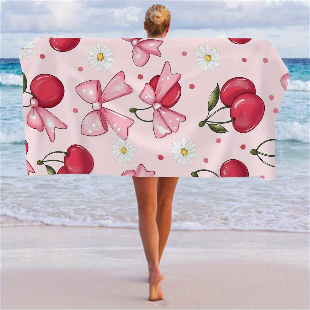 Berry Joy Soft Quick-Dry Beach Towel Lightweight Sand-Rid Easy Clean Towel with Cherry Floral pattern Red Cherries White Daisies