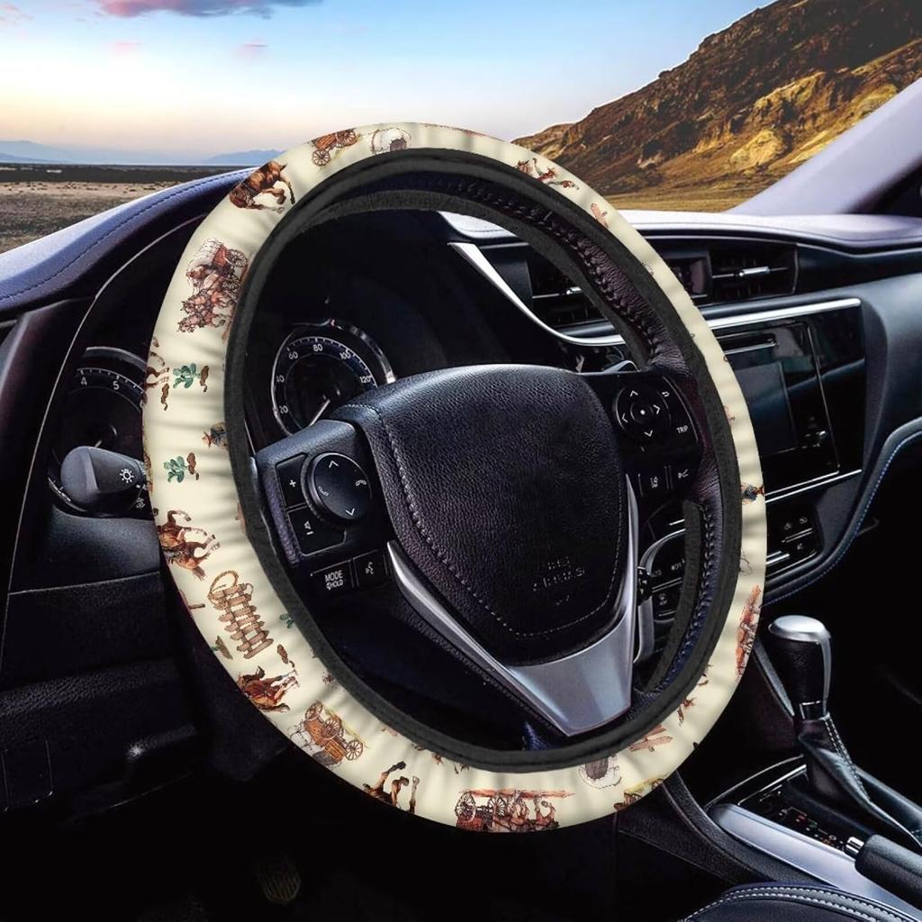 15inch Cow Sunflower Auto Steering Wheel Cover for Women Men Sunflower Lover,Brown Cowhide Steering Wheel Cover Protector Accessory Elastic and Anti