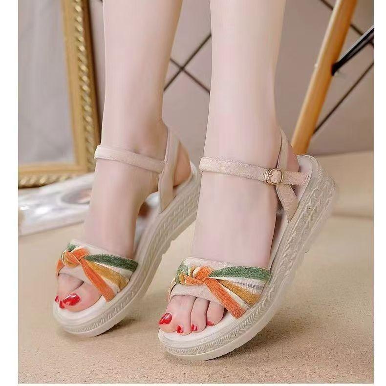 

Thick-soled Women s Shoes Color-blocked Sandals for Women s Summer New Korean Style Knitted Bow Buckle Sandals for Women 35