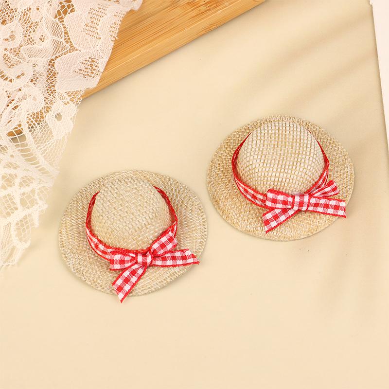 2Pcs Mini Miniature Straw Hat With Bow Doll Ornament Straw Hat Doll House Hand Weaved Dollhouse Accessories