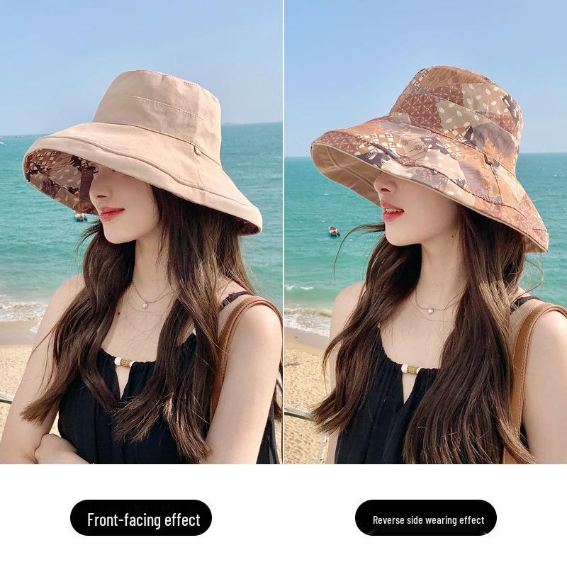 Women's Double-sided Sun Protection Bucket Hat - Summer Pure Cotton Anti-UV Wide Brim, Foldable for Travel.