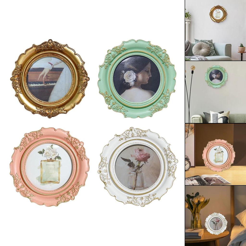 Round Picture Frame Crafting Ornament Multifunctional Retro Style Wall Mount Tabletop Decoration for Hallway Bedroom Bathroom