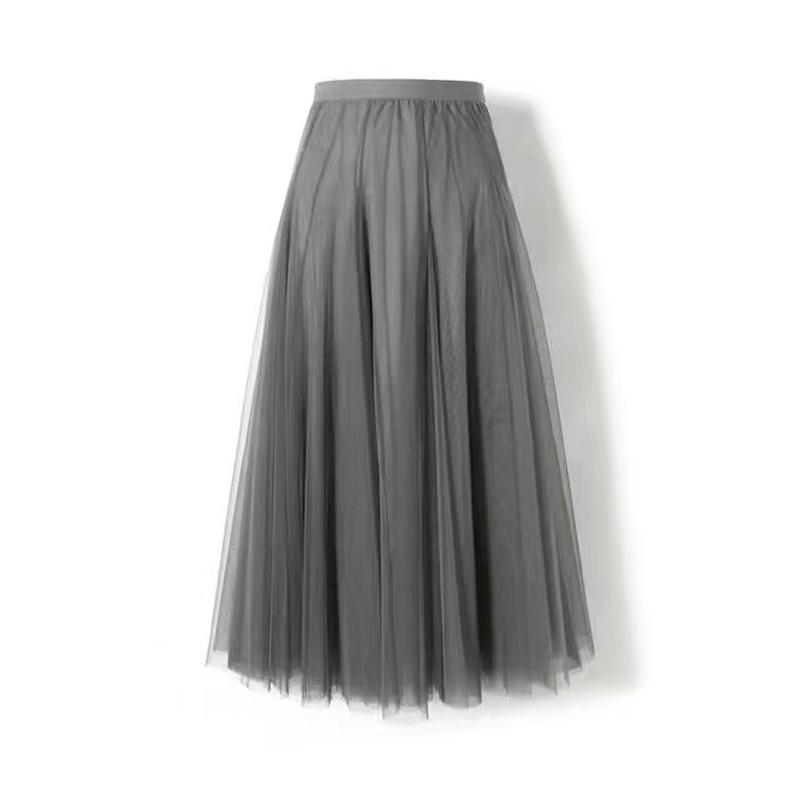 1PC Skirt Many Colors With Lining Solid Color Mesh Tulle Summer A-line Midi Skirt Women Spring High Waisted