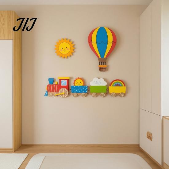Decorative Wood Wall Shapes 4Pcs Cartoon Train Hot Air Balloon 3D Wooden Decor, Colorful Kids Sun Rainbow Cloud Art Room Hanging, Nursery Educational