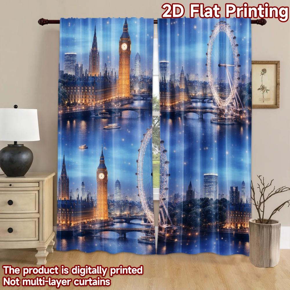 2D Flat Printing 2pcs Curtain Curtain London Night Skyline Digital Printed Polyester Drapes Family Party Decoration for Holiday