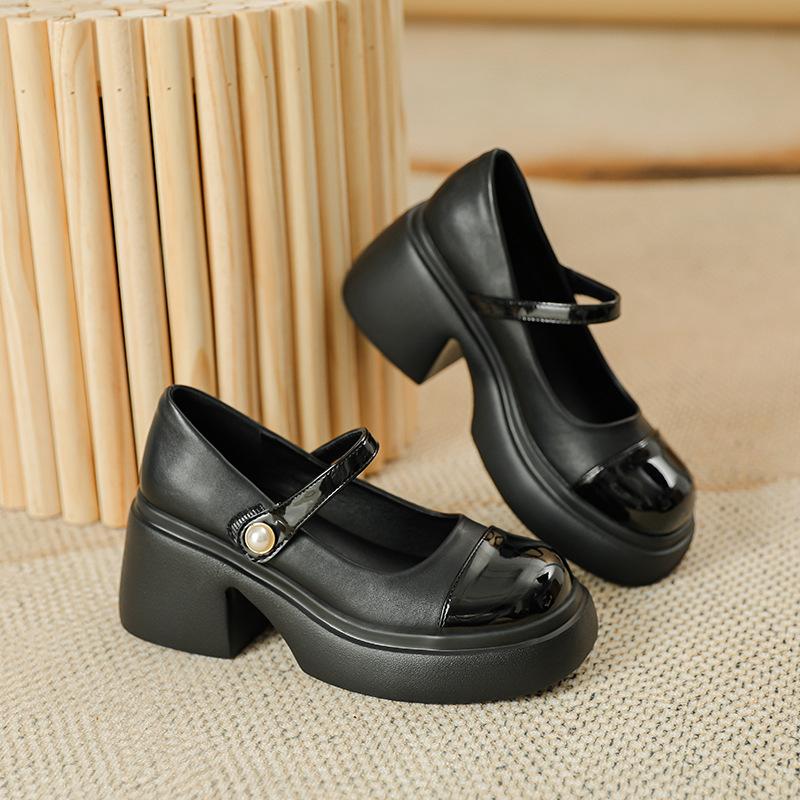 

French high-heeled Mary Jane small leather shoes women s 2025 spring and summer new platform-soled fashion versatile pearl one-word buckle single sh 34 чёрный