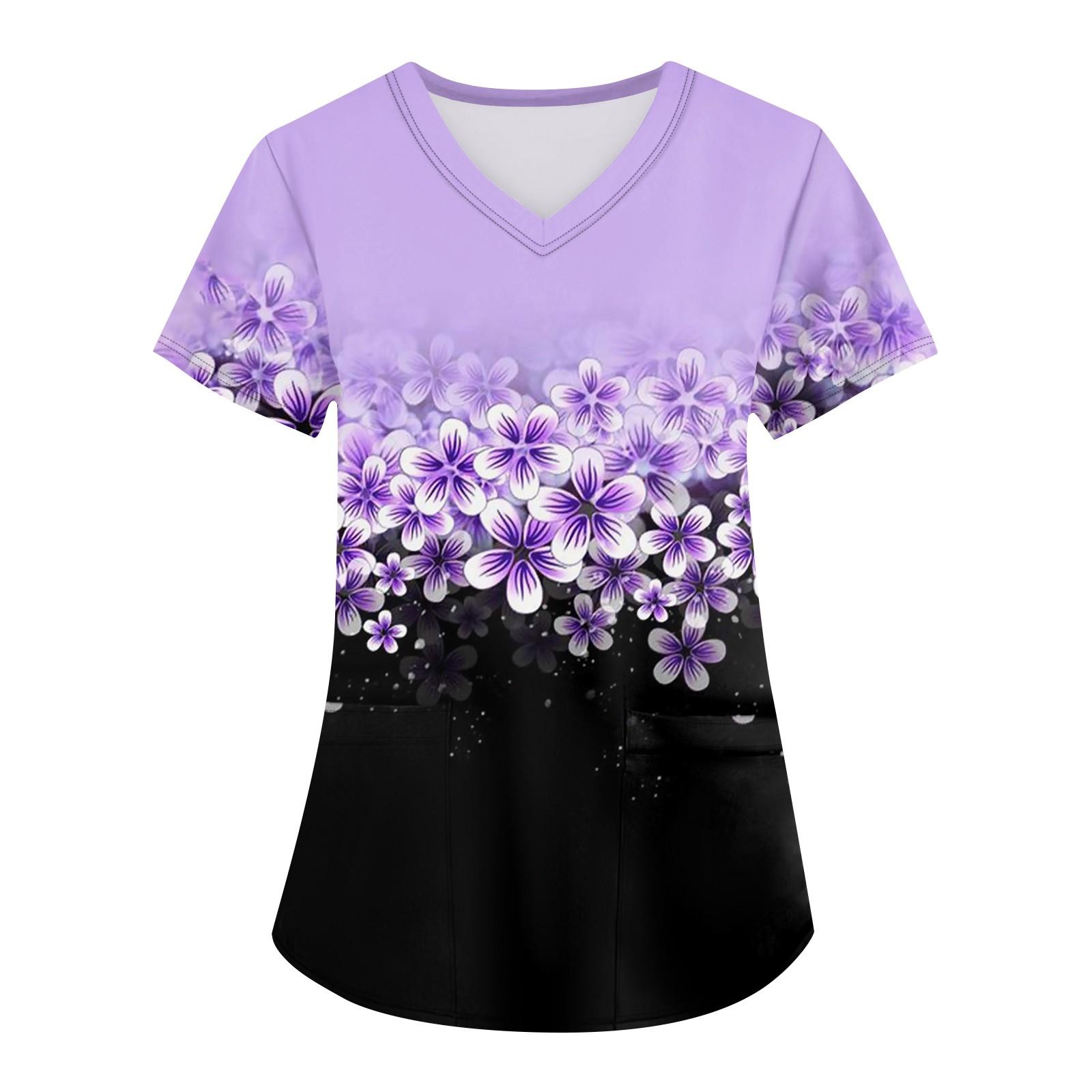 

Женская модная футболка с короткими рукавами и v-образным вырезом с принтом, маленькая рабочая футболка с карманами M фиолетовый