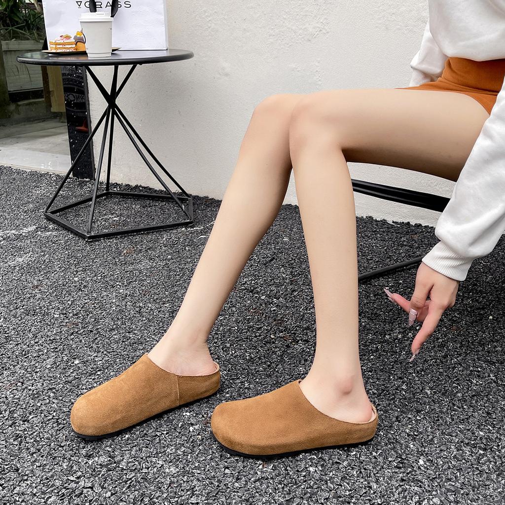 Leather bag head half slippers female lazy pedal platform single shoes female