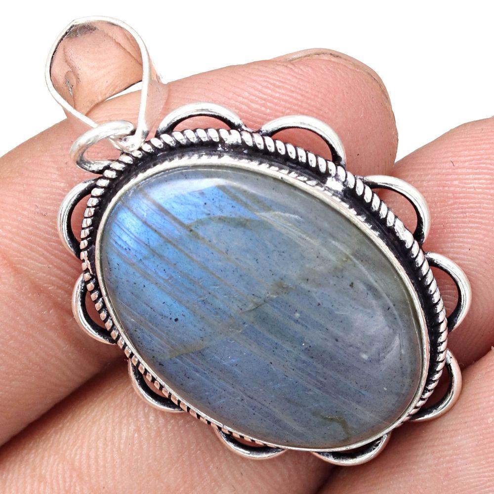 Pendant Blue Fire Labradorite Gemstone Handmade Silver Jewelry 1.5"