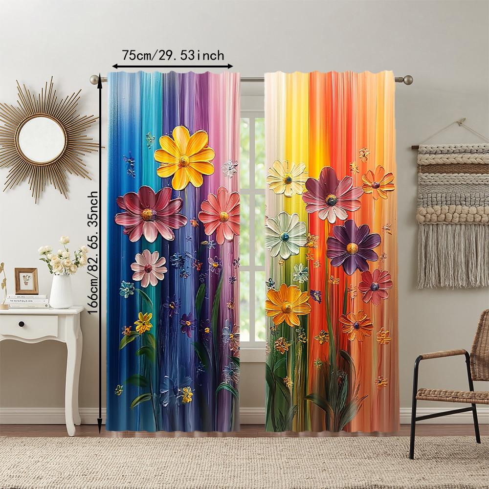 2Pcs Artistic Floral Printed Window Curtains Polyester Material Rod Pocket Design Drapes For Bedroom Living Room Office