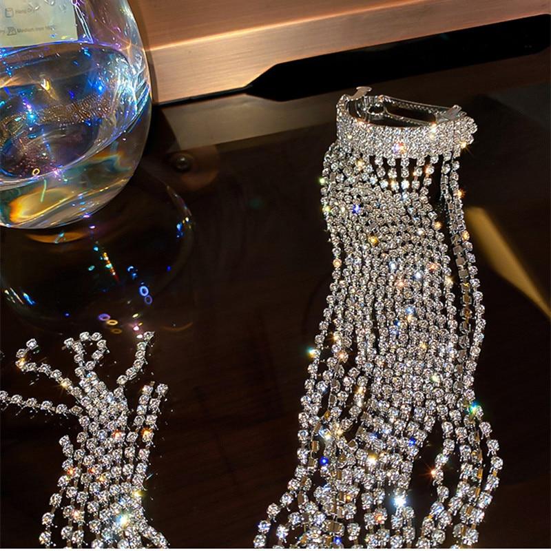Faylisvow Shine Full Rhinestone Hairpins for Women Bijoux Long Tassel Crystal Hair Accessories Wedding Banquet Jewelry