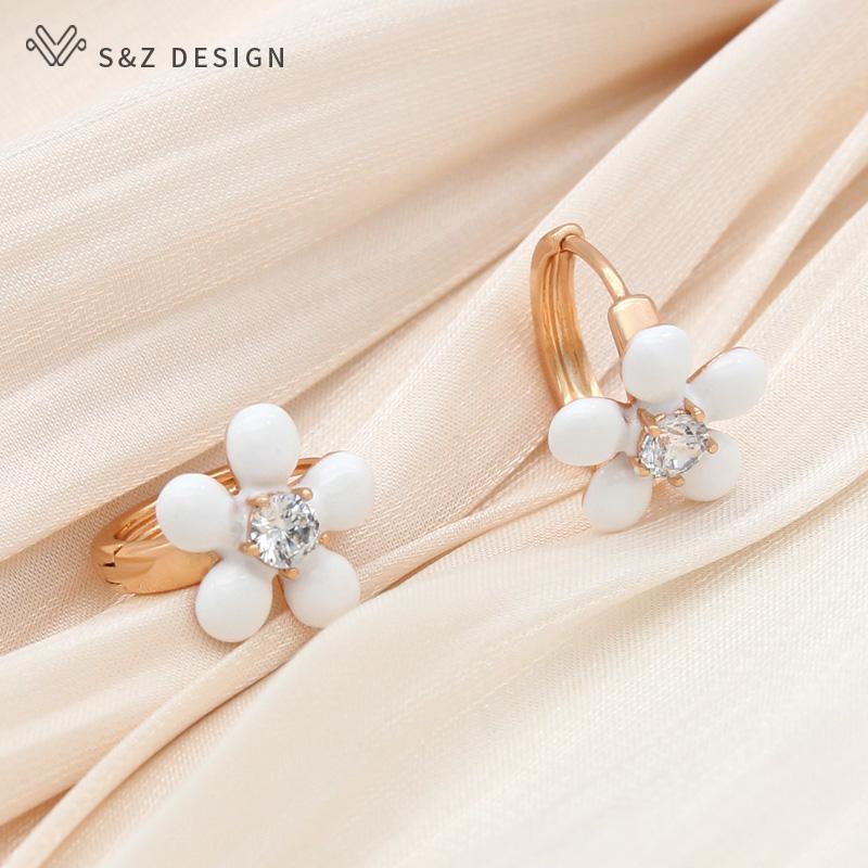 Fashion Champagne Gold Color Red Flower Enamel Oil Drop Earrings For Women Girl Party Cubic Zirconia Eardrop Jewelry