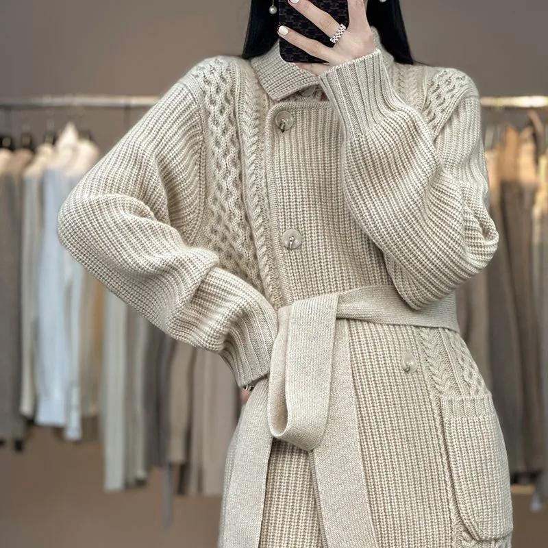Women's Elegant Casual Thickened Mid-Length Cardigan Lazy-Style Knit Jacket