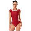 Womens Gymnastics Figure Skating Bodysuit Round Neck Sleeveless Shiny Rhinestone Mesh Patchwork Leotard Dance Jumpsuit