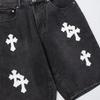 CHROME HEARTS Herren Schwarze Denim Shorts mit Weißen Kreuz-Aufnähern Baggy Streetwear Jorts