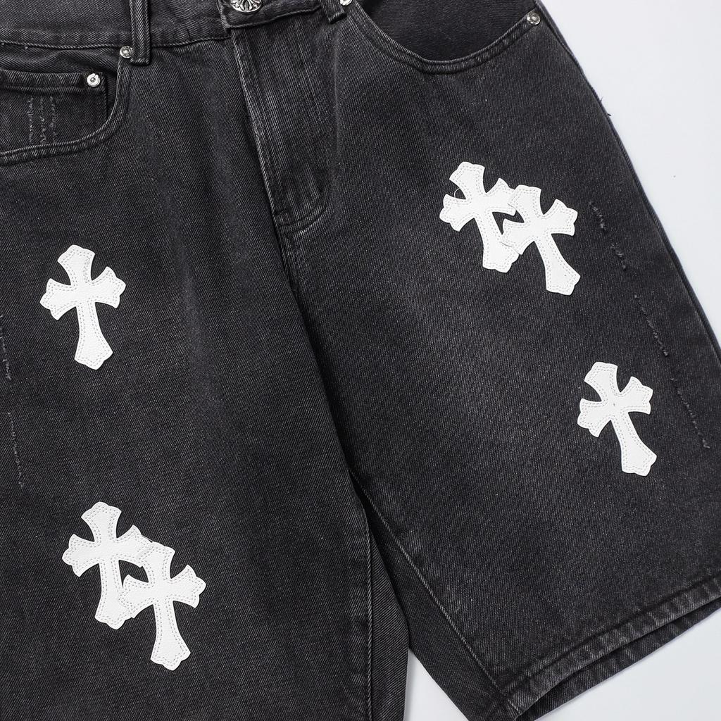 CHROME HEARTS Herren Schwarze Denim Shorts mit Weißen Kreuz-Aufnähern Baggy Streetwear Jorts