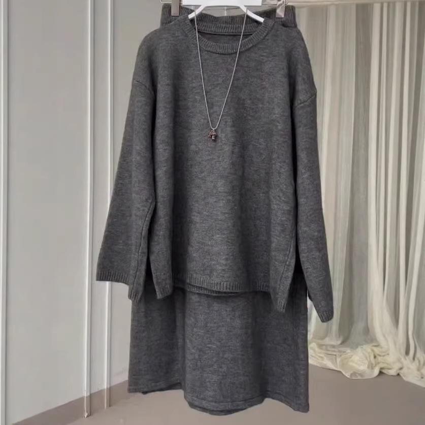Cross-border European and American women's clothing fashion temperament round neck long sleeve simple loose knitted sweater straight skirt set
