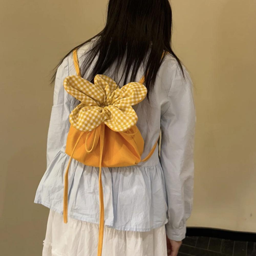 Plaid Flower Drawstring Bag Cute Ins Shoulder Bag Casual Small Crossbody Bag  Vacation