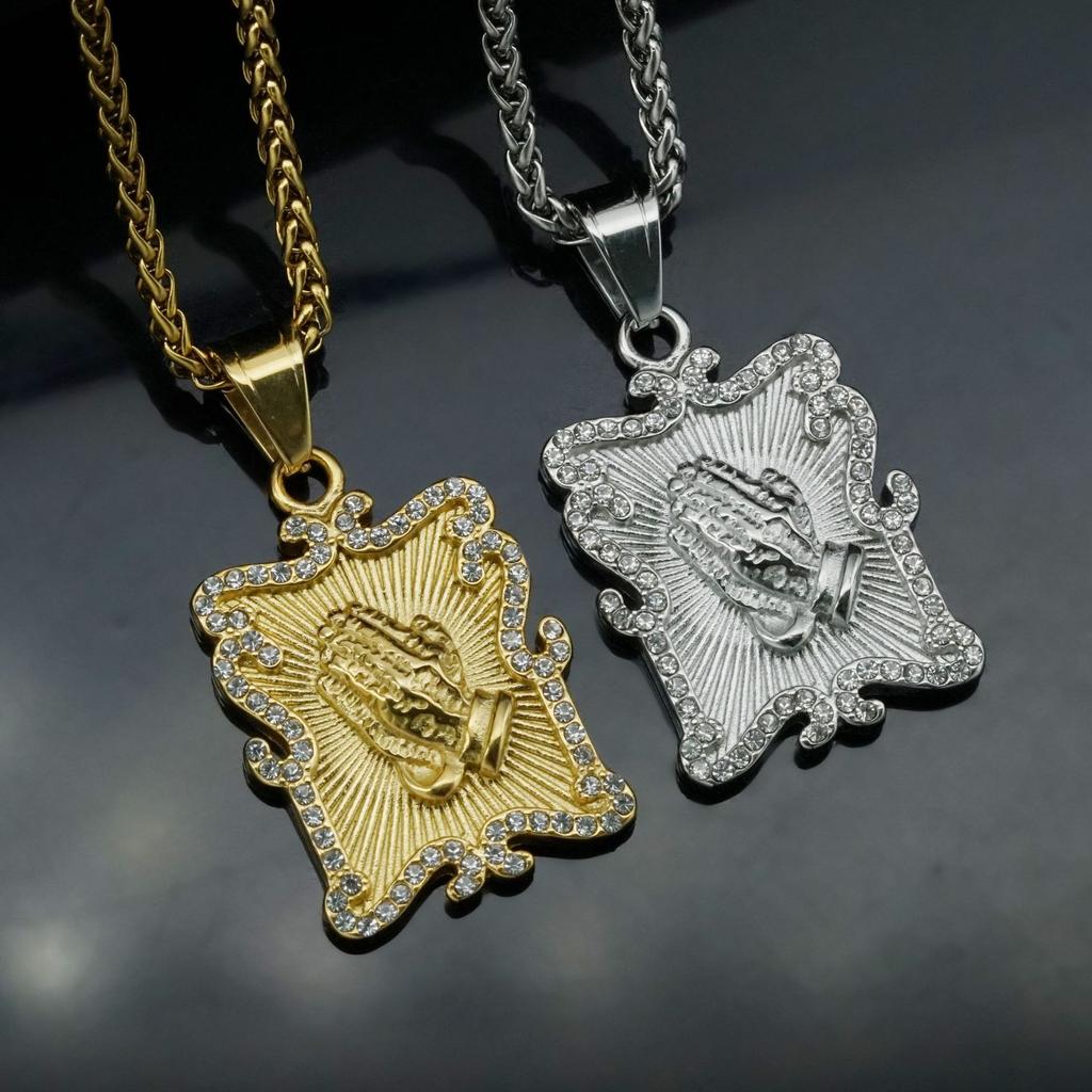 New Trendy Praying Hands Pendant with Rhinestone Men's Necklace Fashion Religious Amulet Pendant Accessories Party Jewelry