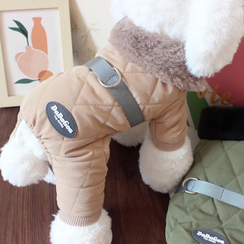 Warm Winter Dog Coat Teddy Bichon Frise - Quilted Cotton Jacket With Hood Leash Ring Four-Leg Design