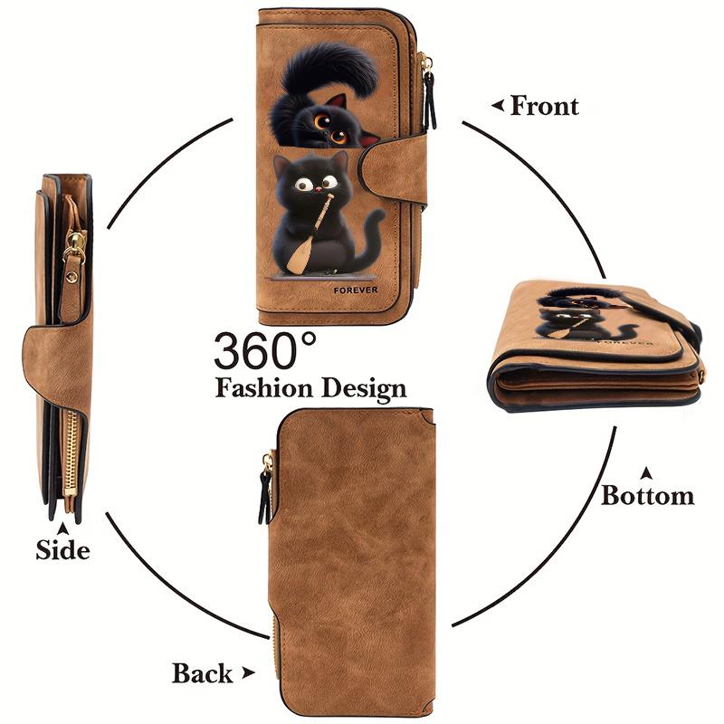 Women's Long Wallet Black Cat Design 3-Fold Card Holder with Multiple Pockets Zipper Closure for Cash ID Credit Cards Gifts for Family Friends