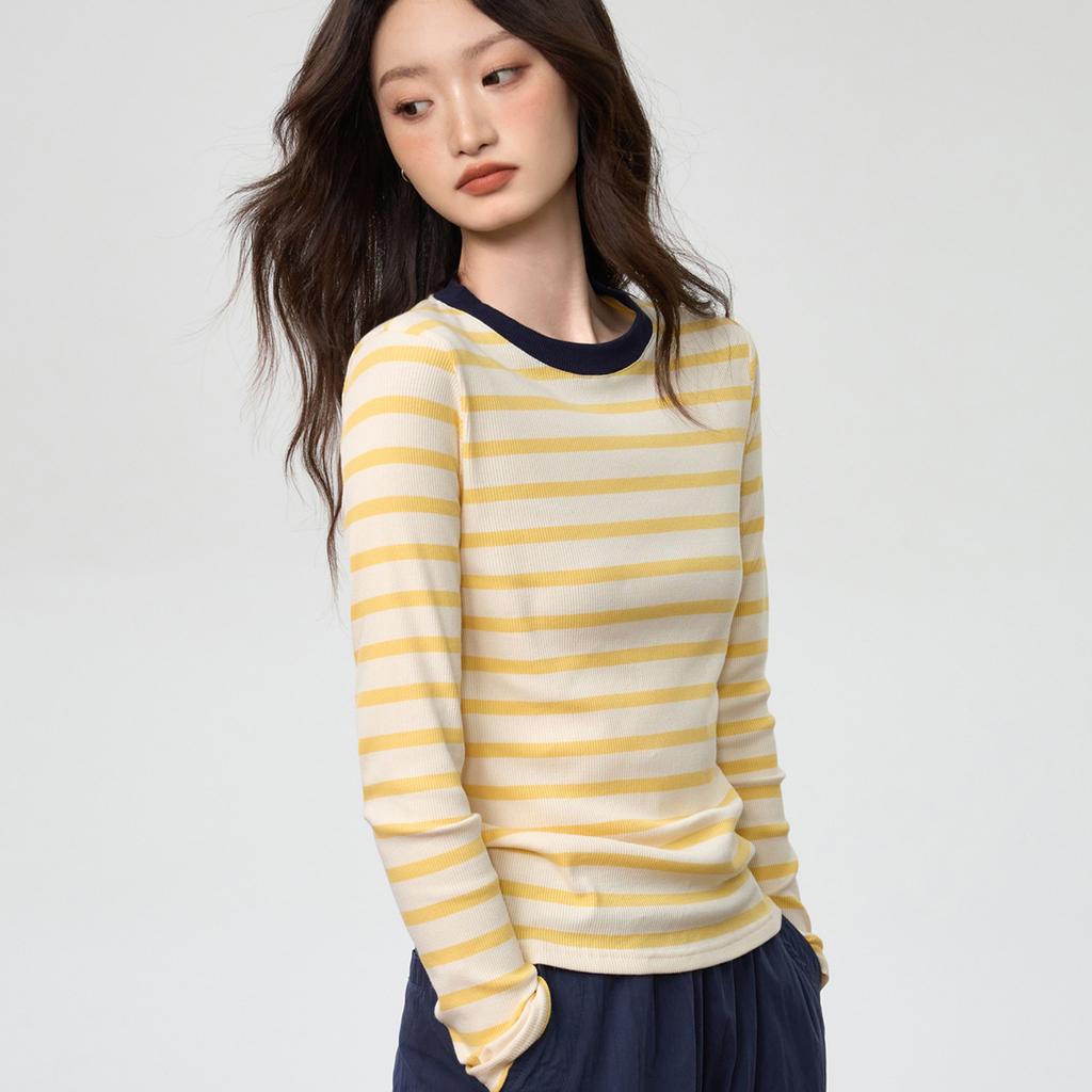 Contrast Color Striped Round Neck Long Sleeve T-Shirt Women's New Autumn Winter Slim Fit Bottoming Top