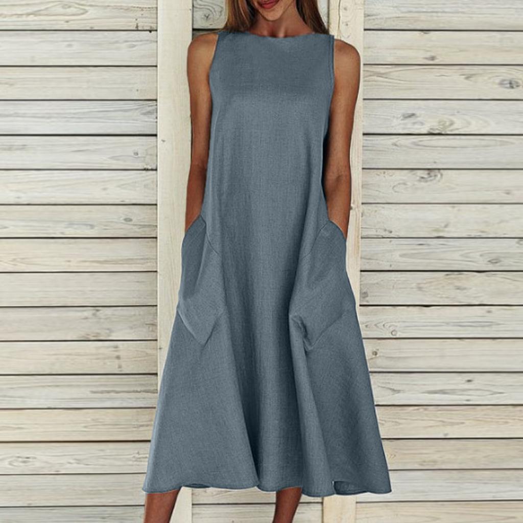 Women's Loose Cotton And Linen Solid Color Sleeveless Round Tie Pocket Casual Dress