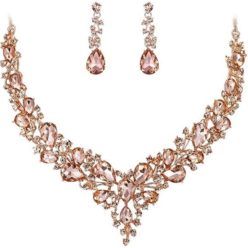 Newlywed Rhinestone Crystal Necklace And Earrings Set - Luxurious Jewelry Set For Ladies' Dance And Banquet Events