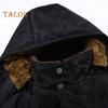 Men Cotton Coat Stand Collar Hooded Long Sleeve Zipper Buttons Placket Jacket Coat Solid Color Thickened Plush Lining Mid-Length Jacket