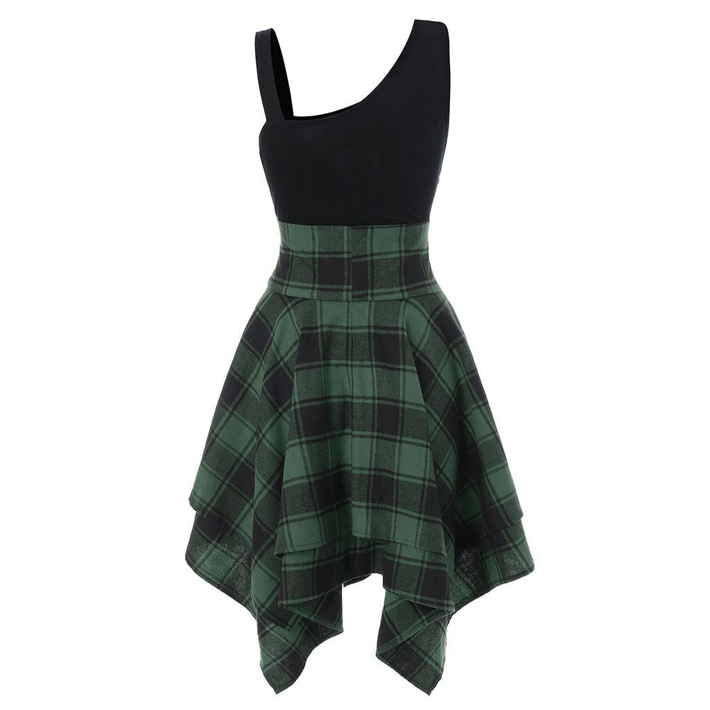 Fashion Women Sleeveless Cold Shoulder Cross  Plaid Print Irregular Dress