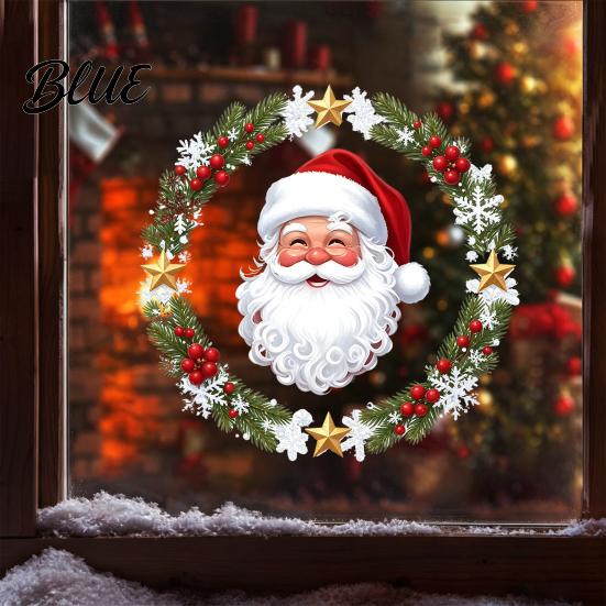 Removable Window Murals Christmas Clings Cute Santa Claus Wreath Sticker Cartoon Holiday Glass Decals Static Decal for Office Shop Winter