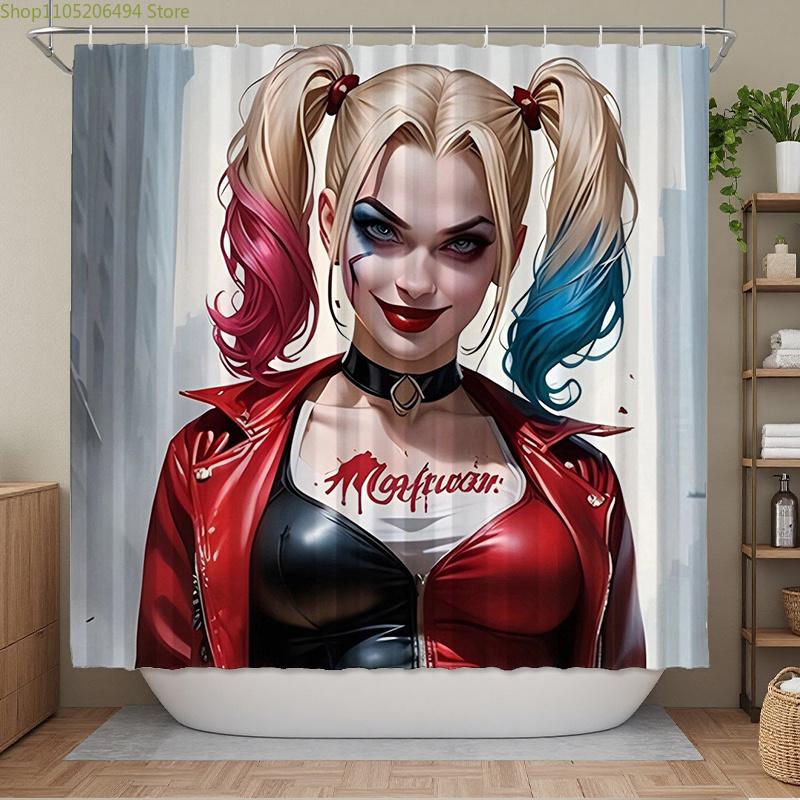Harley Quinn Pattern Shower Curtain with 12 Hooks, Autumn-Themed Bathroom Decor for Home/Hotel/Apartment Use, Thanksgiving Gif