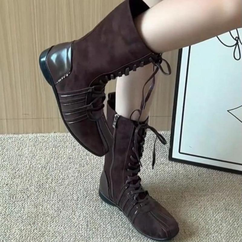 Fashion Low Heel Single Boots Autumn New Round Toe Spliced Front Lace-Up Side Zipper Anti-Slip Wear-Resistant Mid-Tumble Boots
