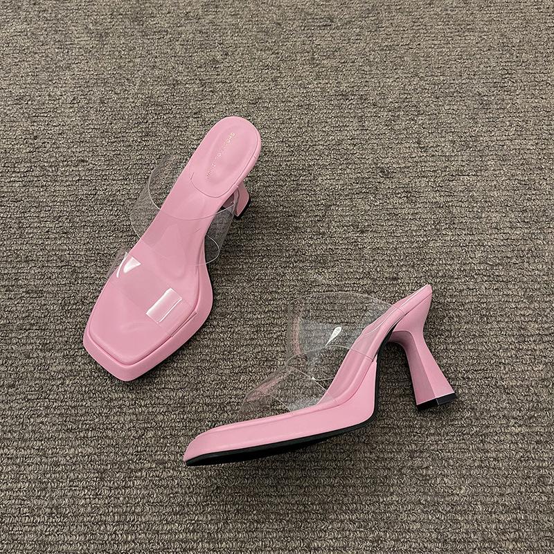 Fashion Women's Fashion Summer New High Heel Shoes Sexy Square Head Transparent PVC Strap Slippers Rubber Sole Sandalias De Mujer Size39