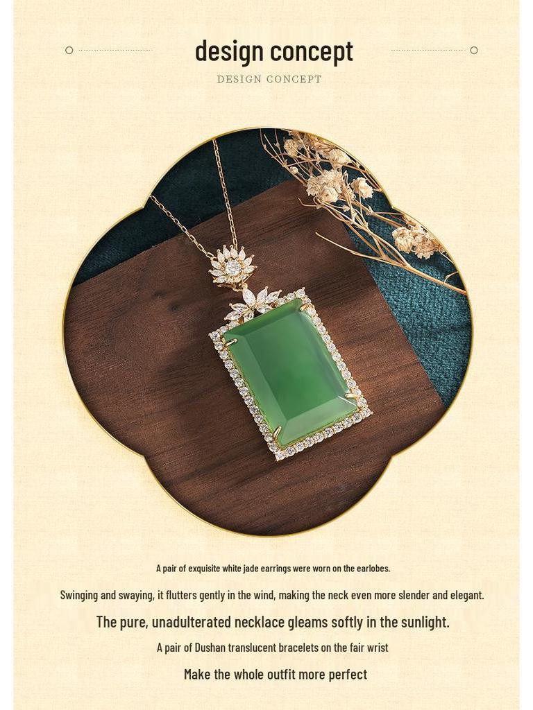 Aieryuan Chinese Ethnic Jade Pendant Necklace - Natural Green Chalcedony Peaceful Square for Men and Women