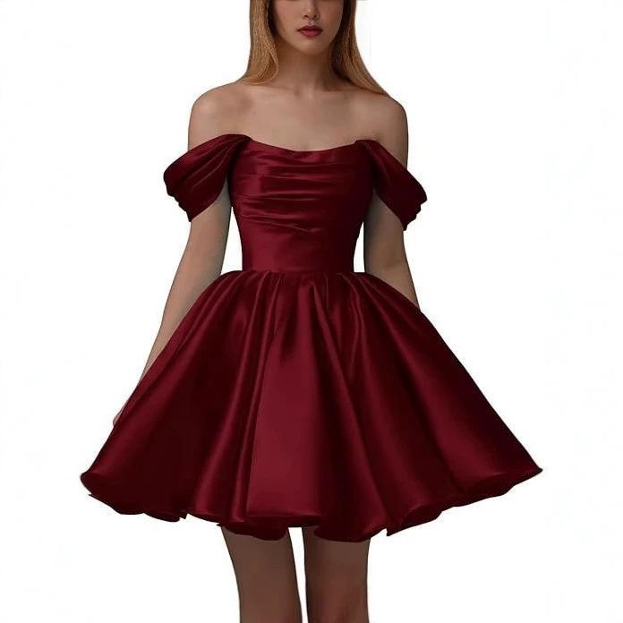 European and American one-word shoulder dress new satin short pleated dance wedding party dress daily dress