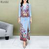 Women 3/4 Sleeve Blouse and Midi Skirts Floral Print Two Piece Suit Set