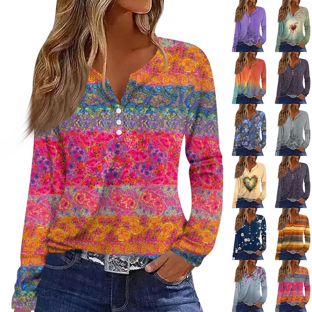 Damen T-Shirt mit V-Ausschnitt, lässig, Blumendruck, langärmelig, zum Zuknöpfen, langärmelig