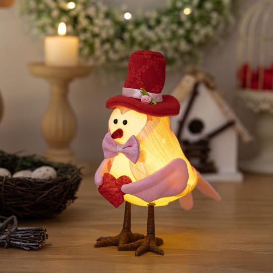 Valentine's Day Bird Figurines Lighted Couple Birds Statue Tabletop Standing Fabric Birds Ornament for Tiered Tray Table Shelf Mantel Fireplace Decor