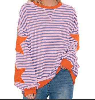 Women's Crew Neck Long Sleeve Sweatshirt A Line Fit Striped Star Patchwork Casual Spring Pullover Top