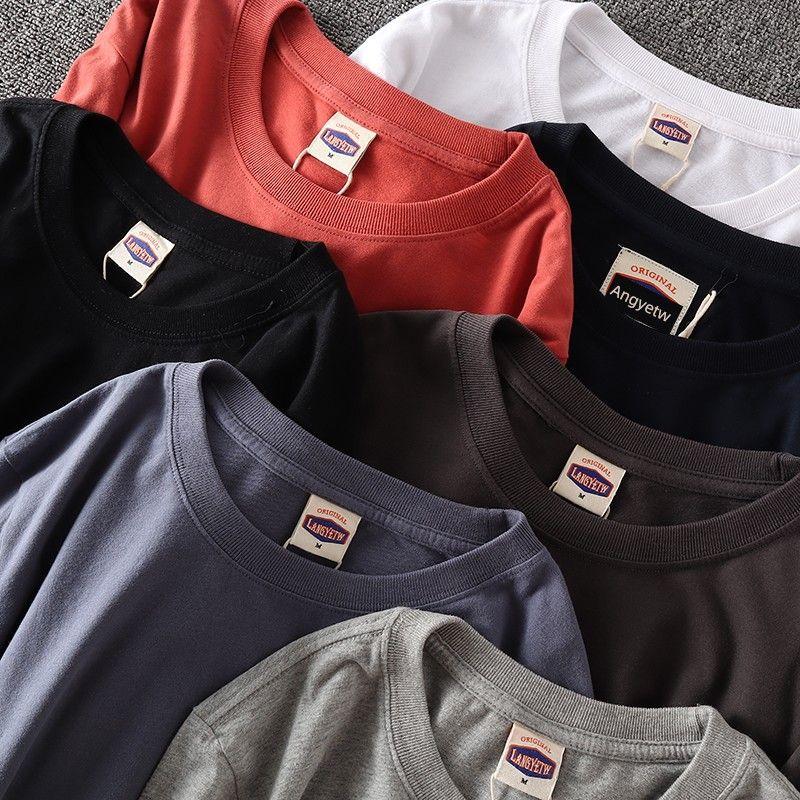 Style Loose Heavy Weight Pure Cotton Washed Long-T-Shirt Men's Clothing Tops Casual round Neck All-Matching Pure Color Bottoming Shirt Fashion