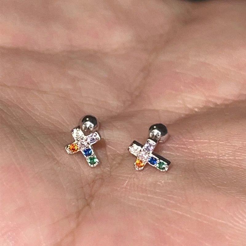 Colored Metal Stud Earrings Cross Round Design Stud Earrings Simple And Versatile Niche Earrings