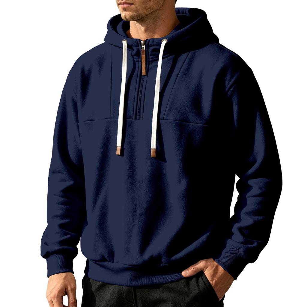 Herrtröja med halv dragkedja och huva, med dubbelsydda paneler, långärmad, lös passform, pullover