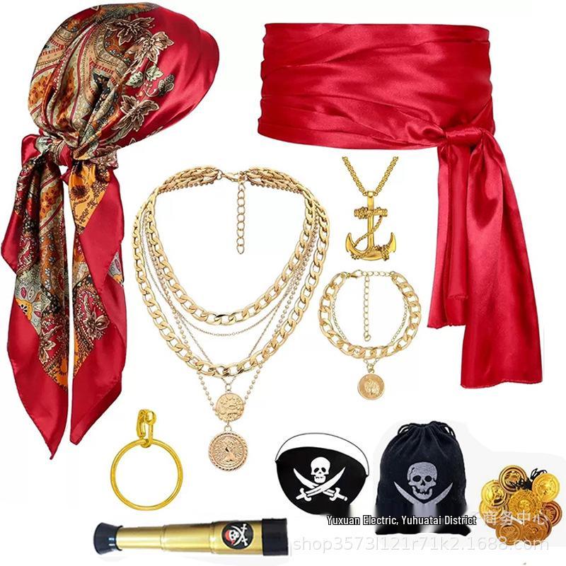 Halloween Cosplay Pirate Accessory Set: Headscarf, Belt, Necklace, Bracelet