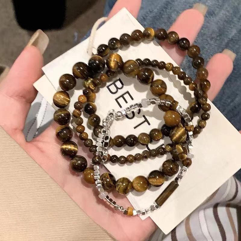 Geometric Sophisticated Design Tiger Eye Bracelet With Silver Beads For Summer Fashion 2024