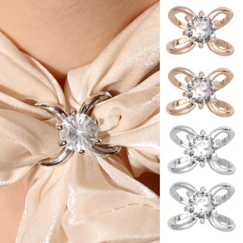 Fashion Rhinestone Scarf Buckles for Women Shiny Crystal Cross Ribbon Silk Scarf Flower Brooch Buckle Ring Clip Jewelry Gift