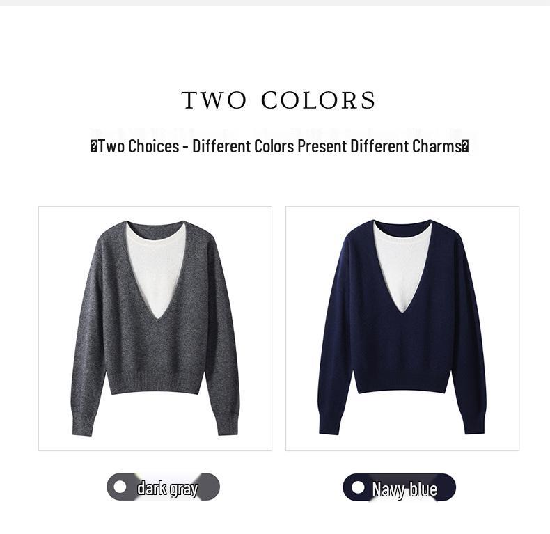 35% Cashmere Women's Color Block Faux Layered Korean Style Pullover Sweater