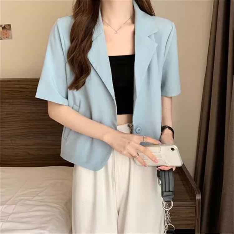 Women Summer Short Sleeve Lapel Loose Fit Business Suit Jacket with Pockets Solid Color