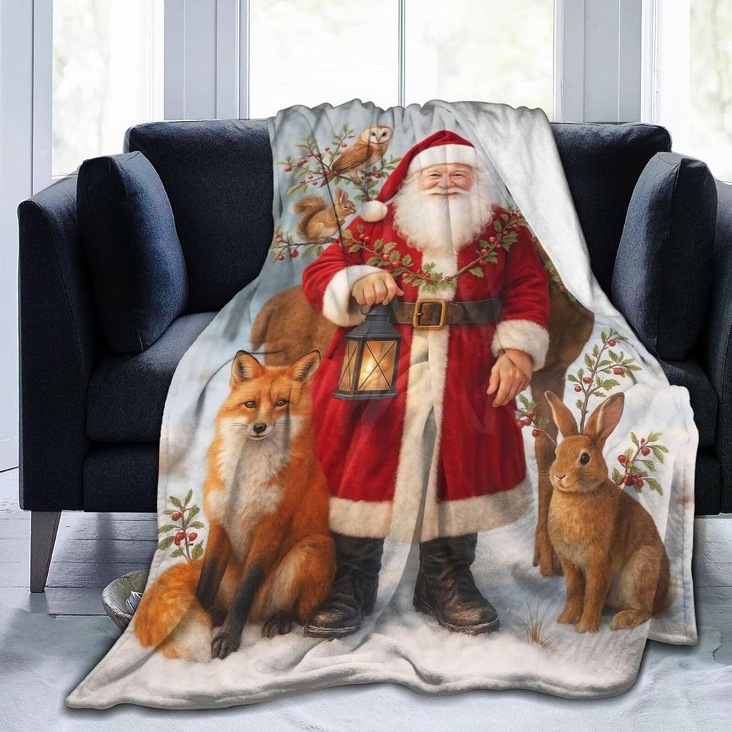 Christmas Blanket Funny Santa Claus Throw Blankets for Girls Boys Super Soft Warm Fleece Flannel Deer Fox Animal Throws Gifts
